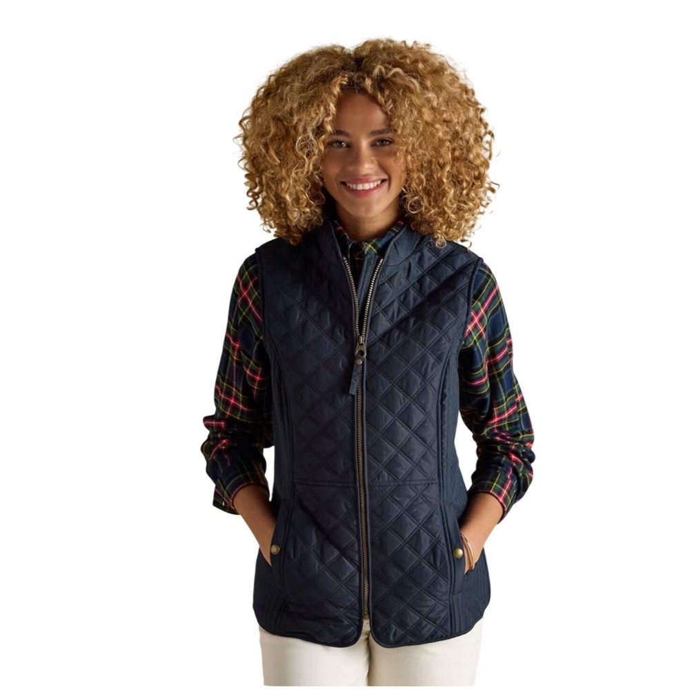Joules NWOT SZ14 MINX showerproof Diamond Quilted Vest Navy Zip Pockets Ad Waist